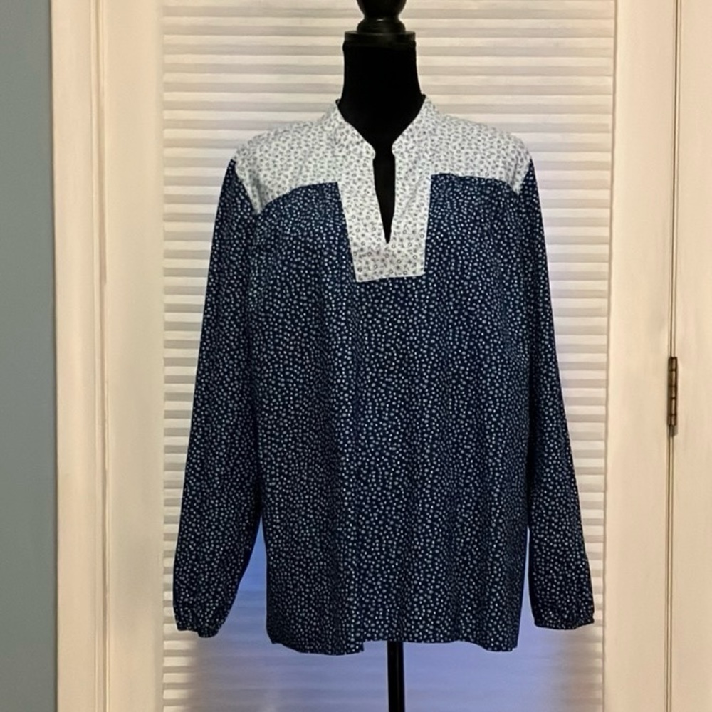 Lands’ End Navy Blue Boho Ditsy Floral Cotton Peasant Top Blouse 18 XL